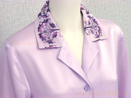 リーフツリー刺繍 １９匁絹シンプルパジャマ 紫襟