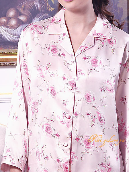 シルクパジャマ レディース 絹100％バラ 長袖 ピンク