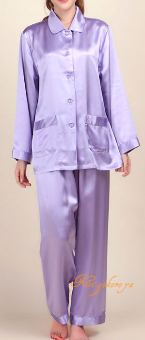 シルクパジャマ レディース 絹100％ 無地 長袖/紫色(パープル)