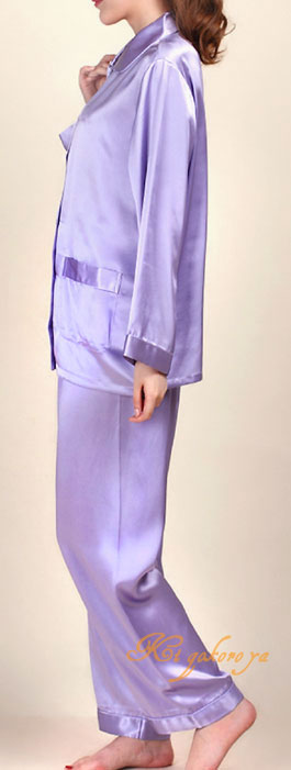 シルクパジャマ レディース 絹100％ 無地 長袖/紫色(パープル)