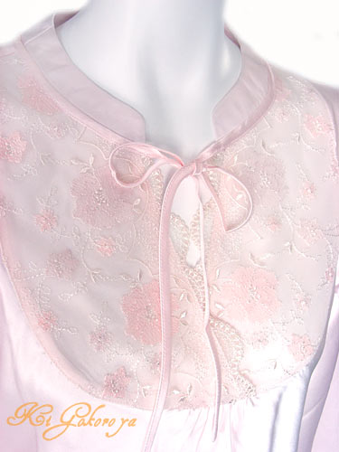 レース花刺繍　シルクパジャマ（長袖/ピンク）