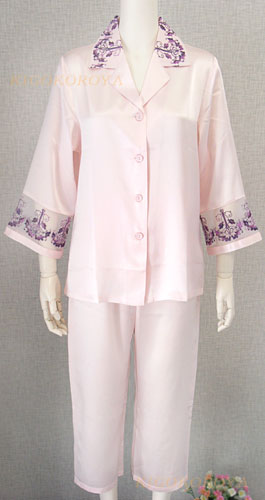 リーフツリー刺繍 １９匁絹パジャマ ピンク