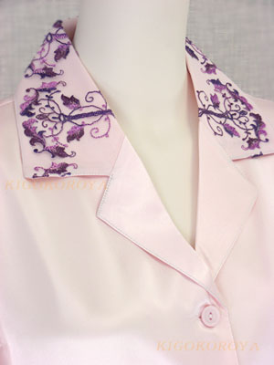 リーフツリー刺繍 シルクパジャマ ピンク襟