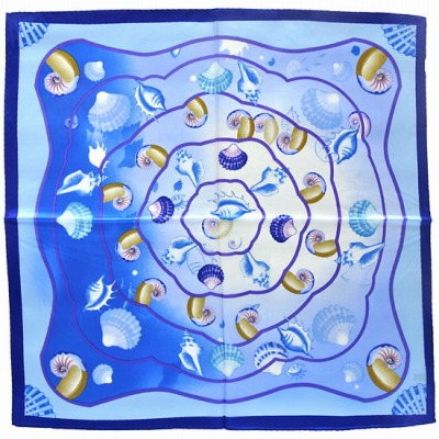 プチシルクスカーフ 絹100％ 海底柄　青色