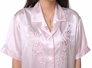 無地花刺繍シルク100%半袖パジャマレディースピンク