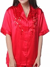 無地花刺繍シルク100%半袖パジャマレディース赤色