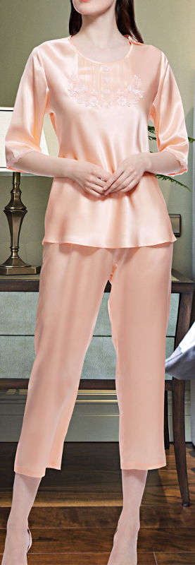 半袖シルクパジャマ レディース サーモンピンク　花刺繍