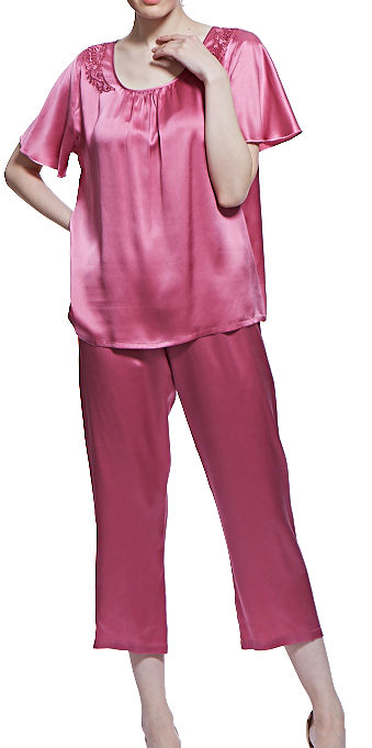 半袖シルクパジャマ レディース 紫色　花刺繍