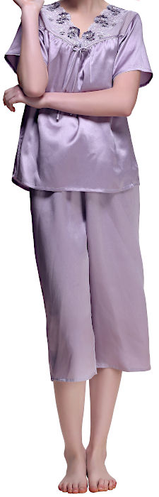 シルク100％半袖レディースパジャマ紫色パープル