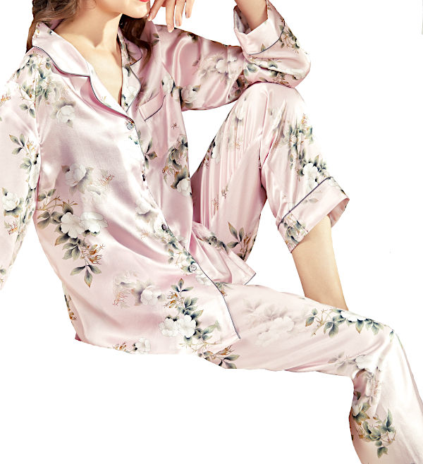 シルク100%パジャマ レディース 絹100％ 花柄 長袖 ピンク