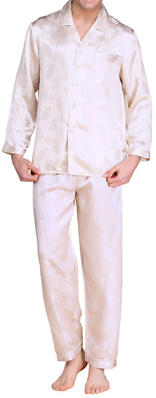 シルク１００％長袖メンズパジャマ　ベージュ　花柄