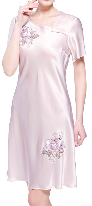 シルクネグリジェ 花刺繍 絹100％　ピンク