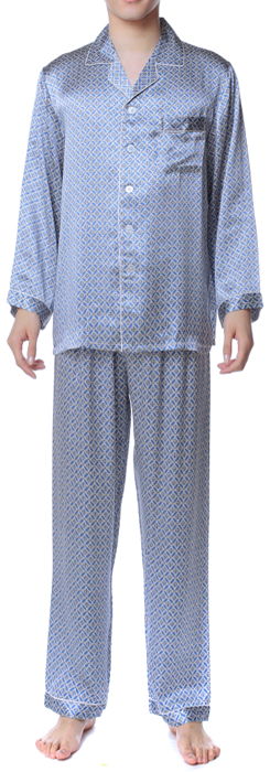 シルクパジャマ メンズ 絹100 長袖 オシャレ 青 ブルー